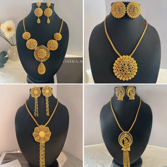 LByzHan Nigerian Jewelery Set Wedding Jewelry For Women Dubai 24K Gold Color Jewlery African Designer Earrings Bridal Necklace