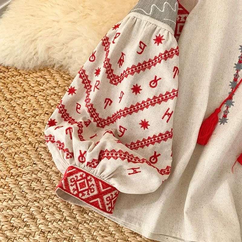 New Women's Bohemia Blouse Embroidered Autumn Spring O-neck Collar Bow Tie Lantern Sleeve Top Blusas Mujer Female Tops BL021