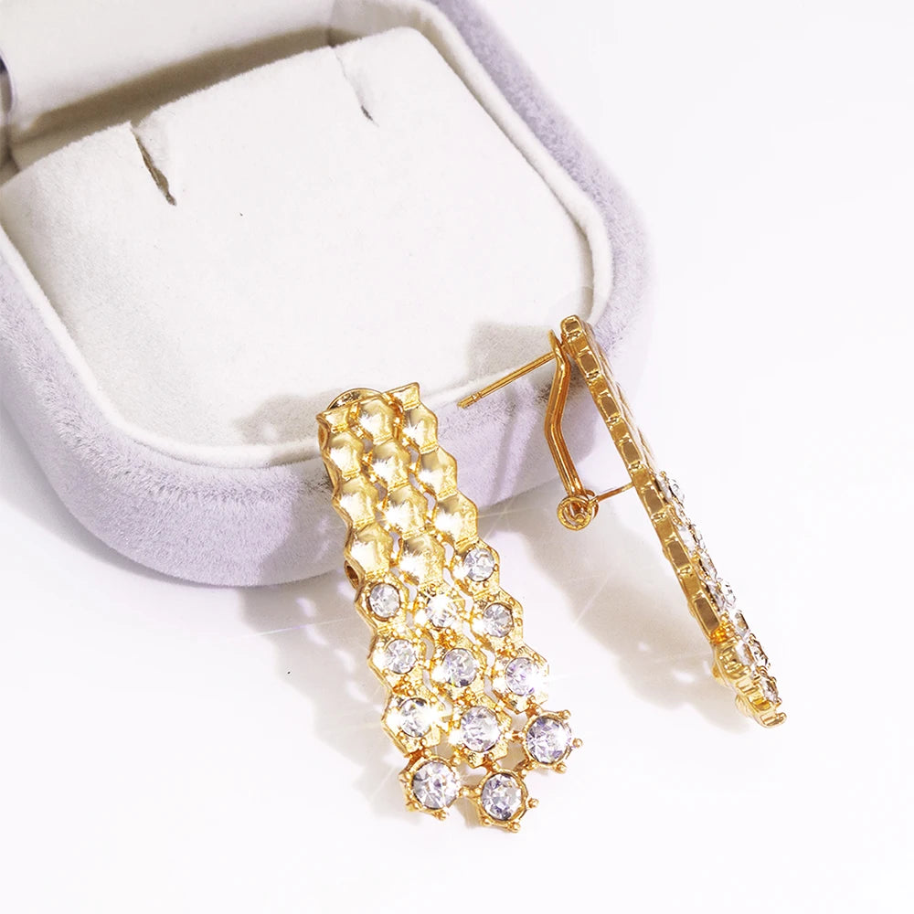 GZJPEI Shiny White Zircon Jewelry Set Italy Nigeria Wedding Jewellery 18K Gold Plated Big Necklace Bracelet Long Drop Earring