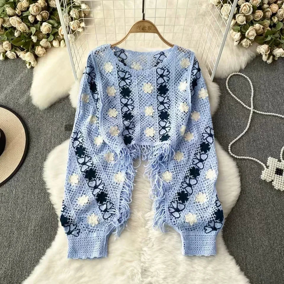 Boho Autumn Knitted Sweater Women O-neck Long Sleeve Hollow Out Tassel Female Tops Ladies Casual Streetwear Sweaters Dropship
