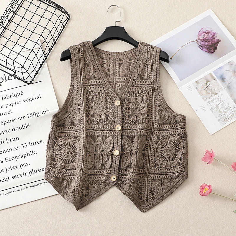 Women's Boho Style Crochet Lace Vest White Beige Green Purple Brown Sleeveless Summer Jackets Coat Hollow Out Knit Cover Ups Top
