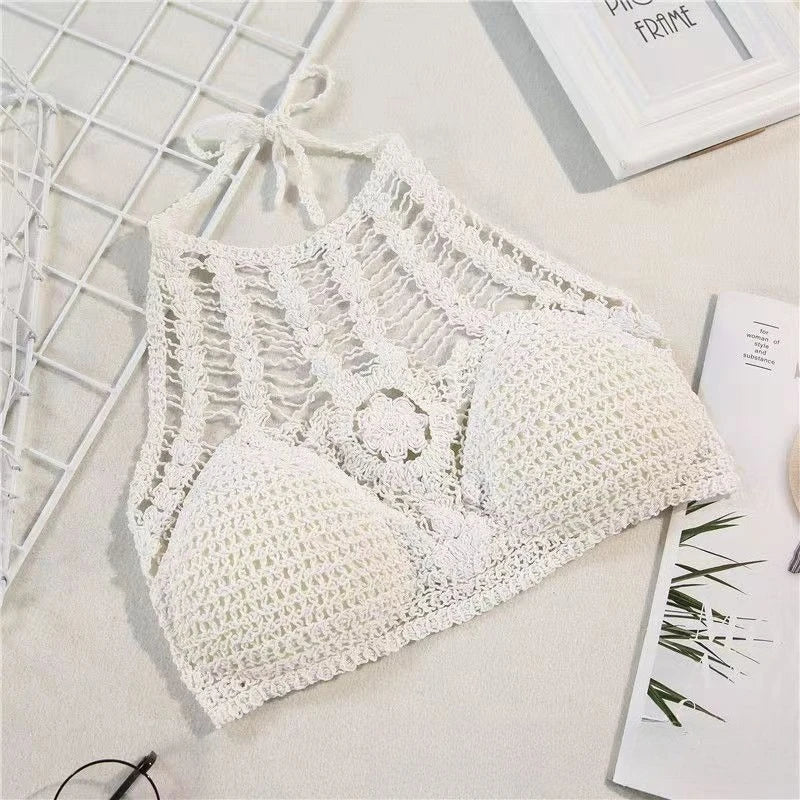 Women Boho Y2k Top Fringe Backless Halter Tie Neck Underwear Outerwear Neck Hanging Embroidery Tassel Suspender Vest Short Tank