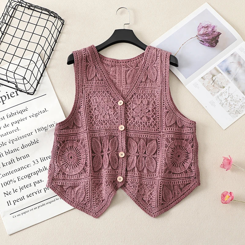 Women's Boho Style Crochet Lace Vest White Beige Green Purple Brown Sleeveless Summer Jackets Coat Hollow Out Knit Cover Ups Top