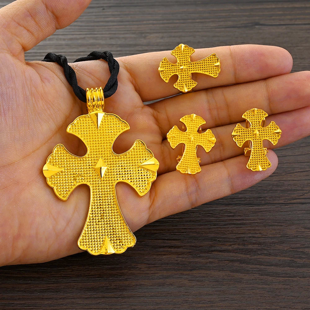 Ethiopian Jewelry Sets for Women Big Pendant Necklaces Earrings Ring Gold Color Eritrean Ornaments
