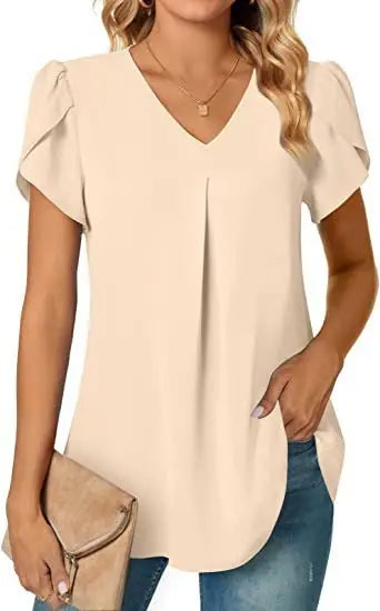 Elegant Women's Top Blouse Flower 2024 Summer Fashion Simplicity Short Sleeve Solid V-Neck Commuter Office Female Shirt S-XXL