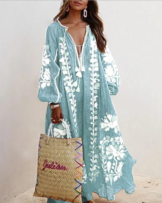 Boho Elegant Print Long Dress For Women Loose Casual V Neck Lace Up Big Hem Long Style Dresses 2024 Fashion New Lady Robe