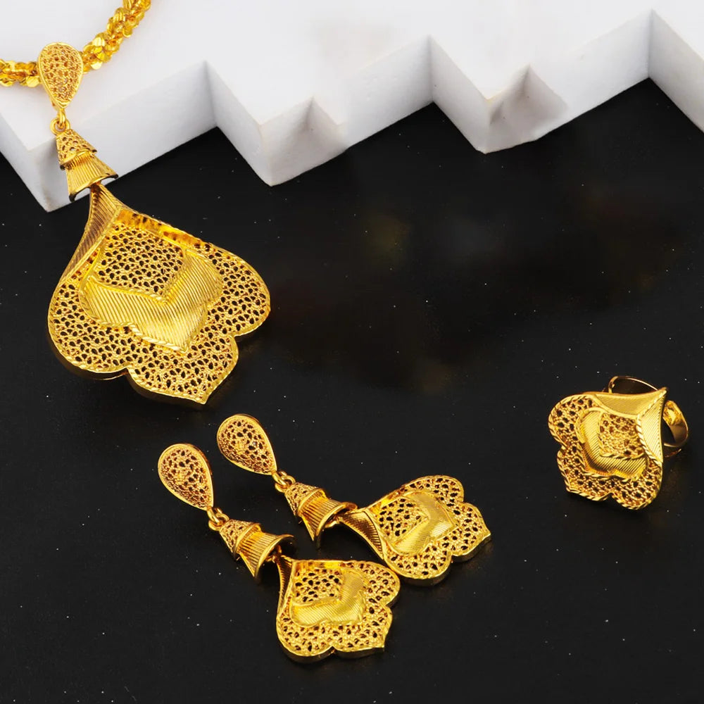 Jewelery Set For Women Dubai 24K Gold Color Jewlery African Designer Wedding Bridal Necklace Earring Ring Gift