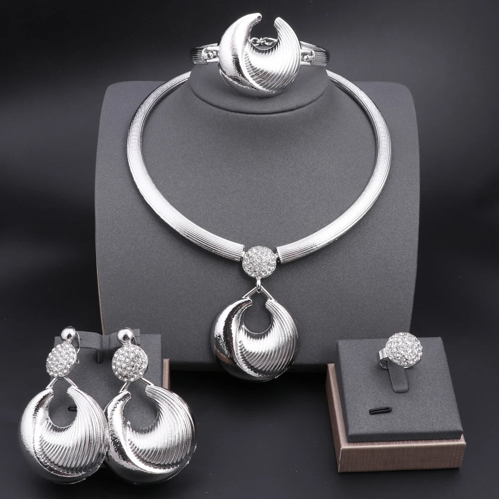 Dubai Jewelry Set For Women Silver Plated Luxury Necklace Earrings Bracelet And Ring Set Jewelry For Wedding Party Trending ﻿