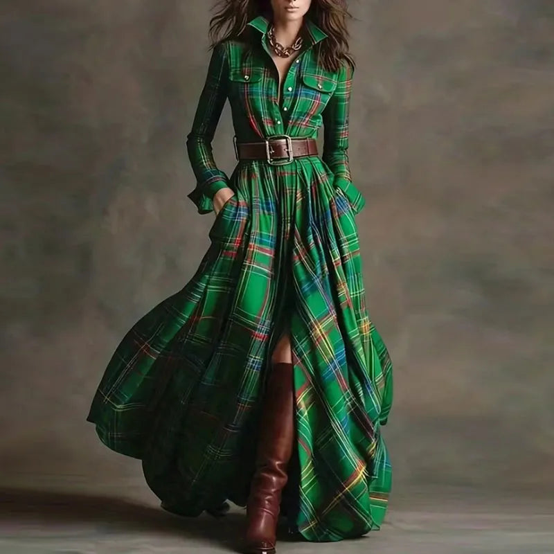 Boho Woman Clothing Elegant Shirt Collar Button Loose Long Dresses Retro New Plaid Print Pocket Swing Autumn Maxi Dress Vestidos