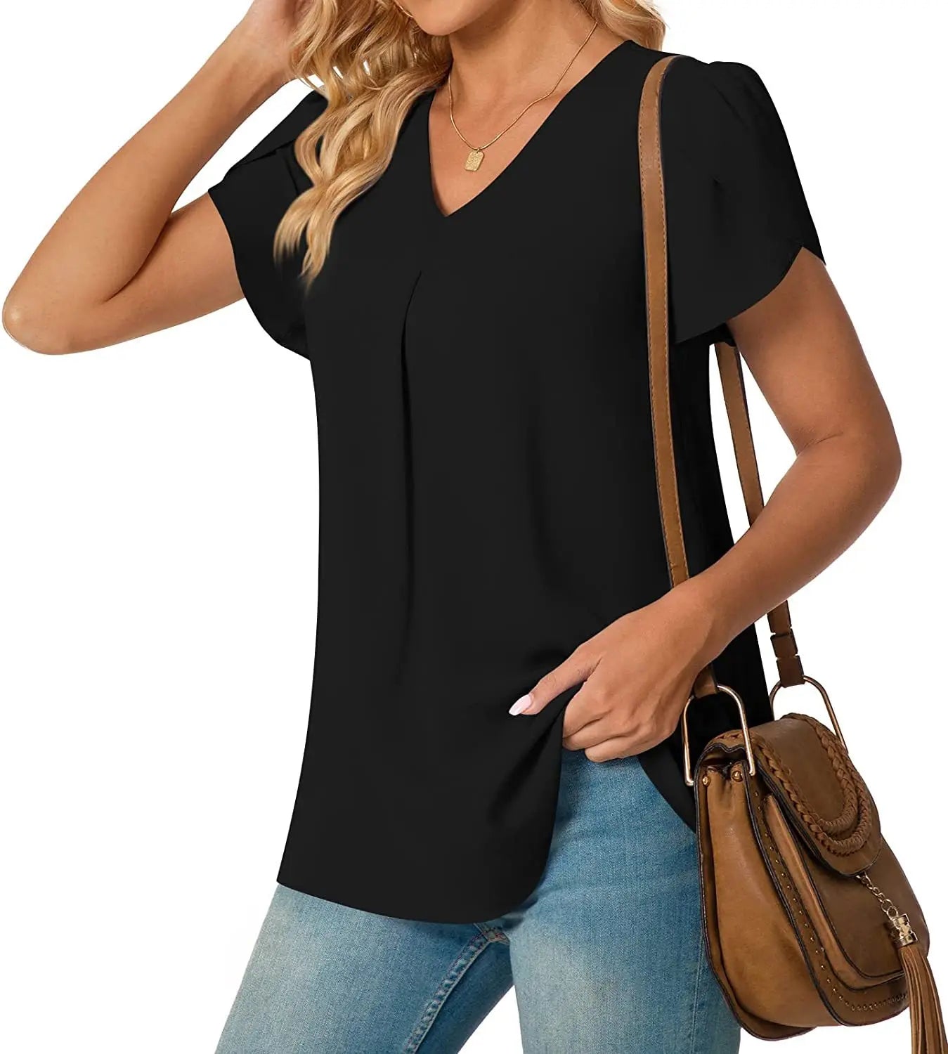 Elegant Women's Top Blouse Flower 2024 Summer Fashion Simplicity Short Sleeve Solid V-Neck Commuter Office Female Shirt S-XXL