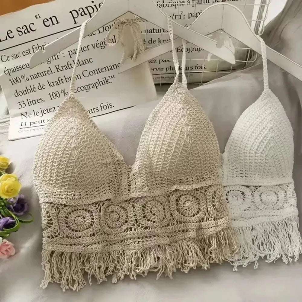 Women Boho Y2k Top Fringe Backless Halter Tie Neck Underwear Outerwear Neck Hanging Embroidery Tassel Suspender Vest Short Tank