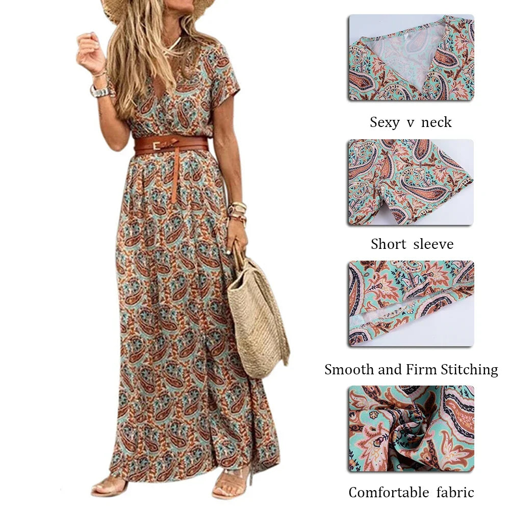 Boho Long Dress For Women Fashion V Neck Short Sleeve Paisley Print Dresses Summer Belt Large Hem Beach Dress Elegant Maxi Dress