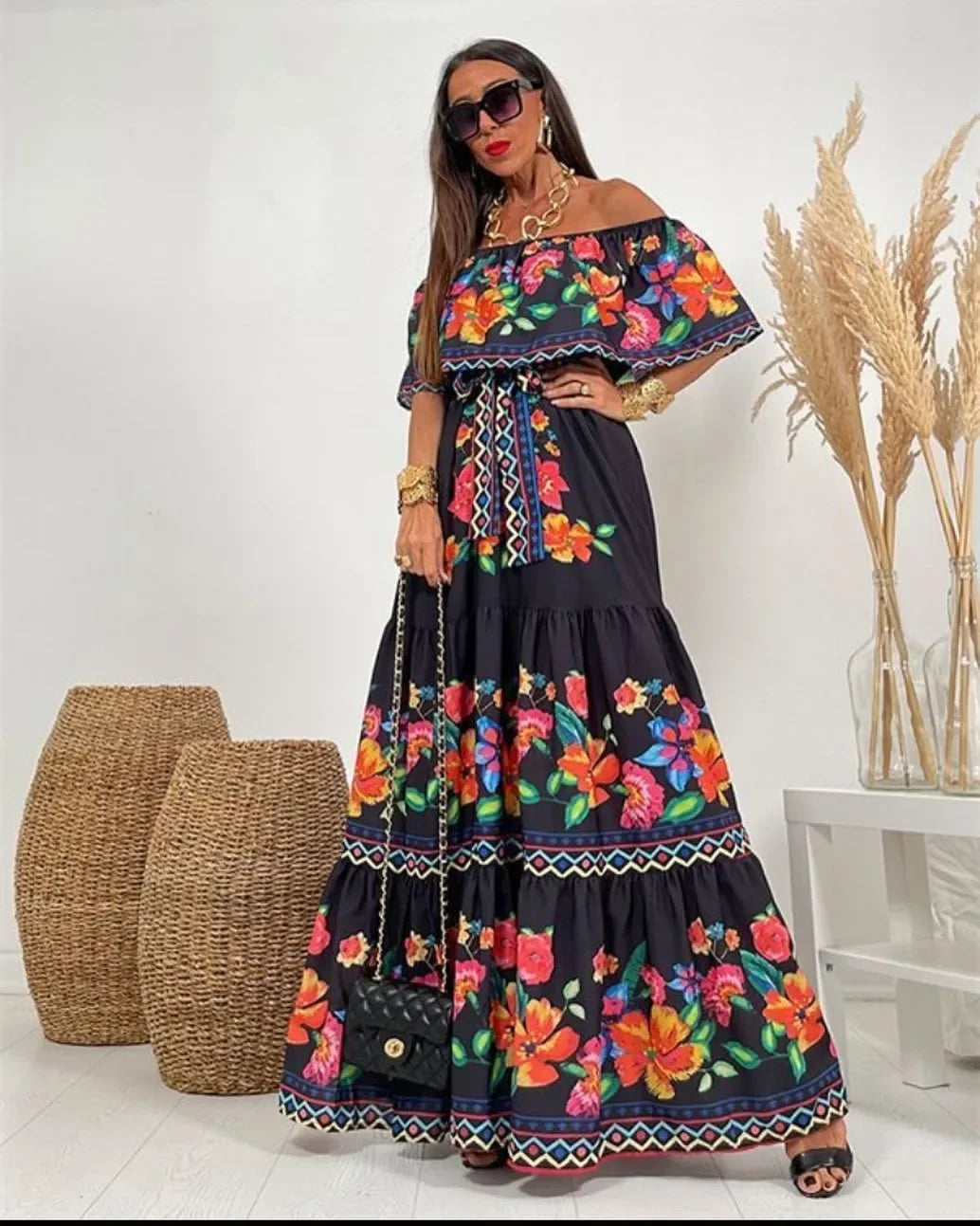 Boho Dress Women's One Shoulder Dress with Sexy and Fashionable Printed Long Style, Large Display, Summer New