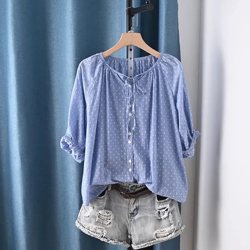 Women's summer blouse 100% cotton yarn blue polka dot print shirts 3/4 sleeves blouses for women boho clothing