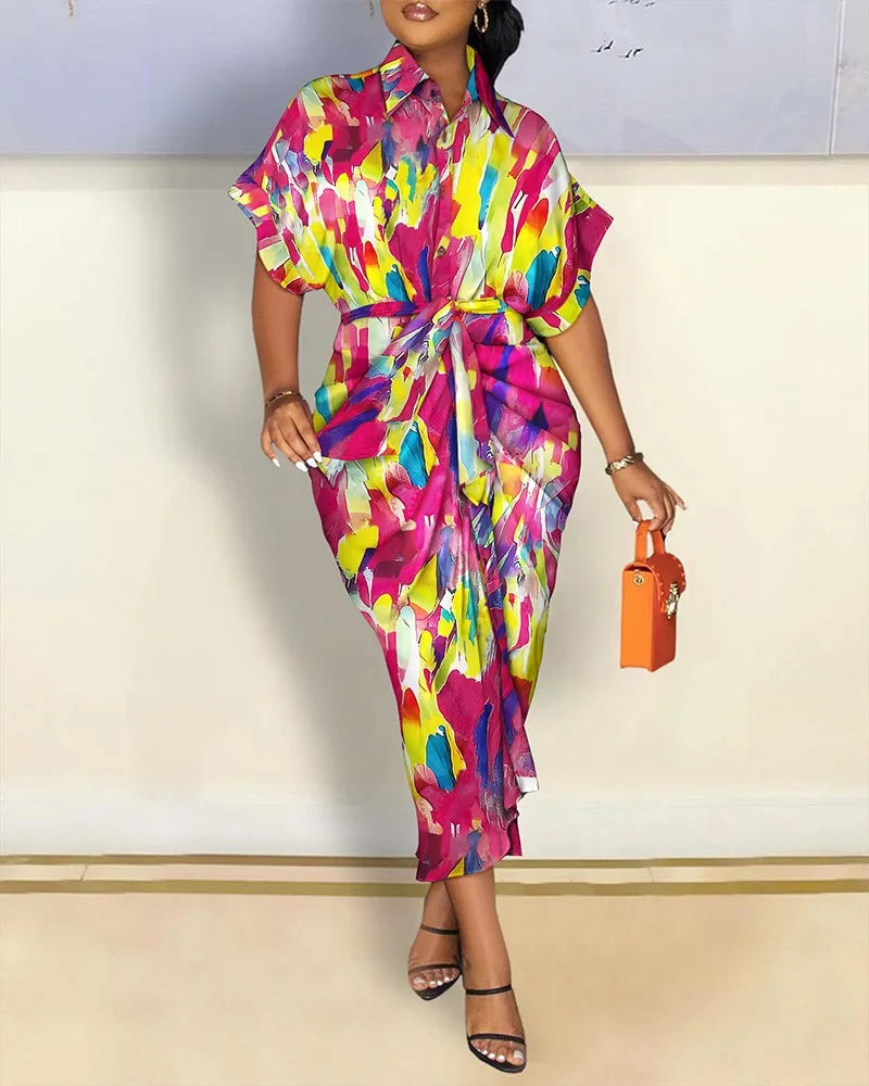 Women Boho Shirt Dress Summer Turn-down Collar Single Breasted Button Irregular Long Dress Female Sexy Letter Print Maxi Dresses