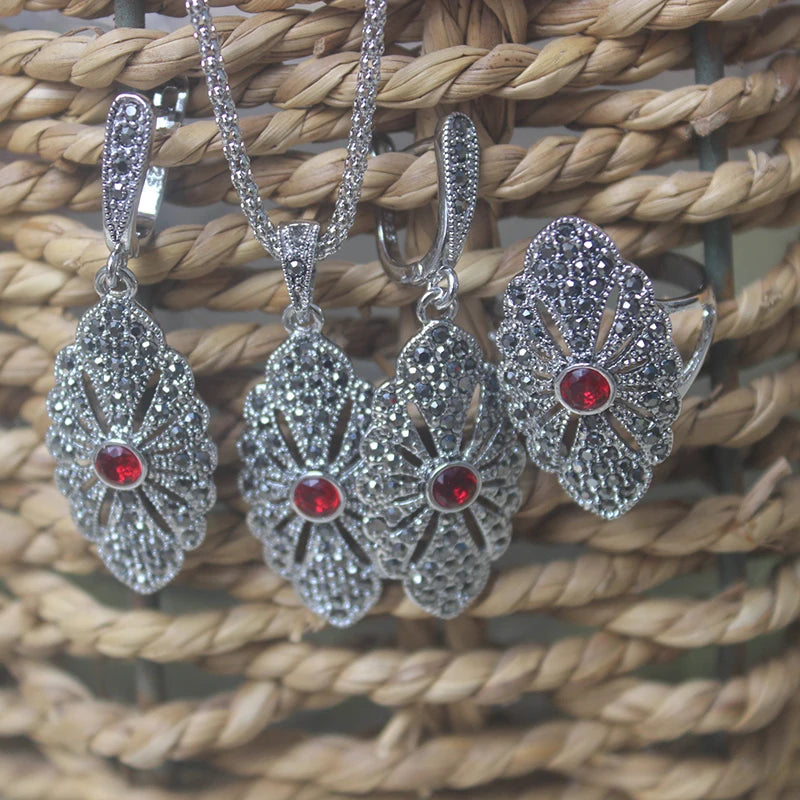 Ajojewel Woman Retro Style Jewelry Set With Red Stone Black Rhinestone Necklace Ring Earrings Vintage Gifts