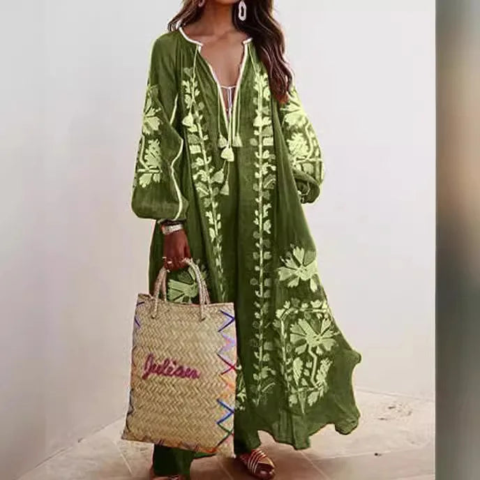 Boho Elegant Print Long Dress For Women Loose Casual V Neck Lace Up Big Hem Long Style Dresses 2024 Fashion New Lady Robe