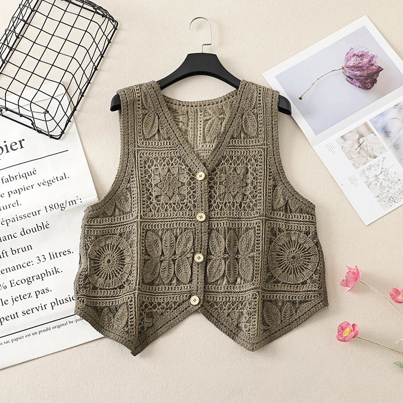 Women's Boho Style Crochet Lace Vest White Beige Green Purple Brown Sleeveless Summer Jackets Coat Hollow Out Knit Cover Ups Top