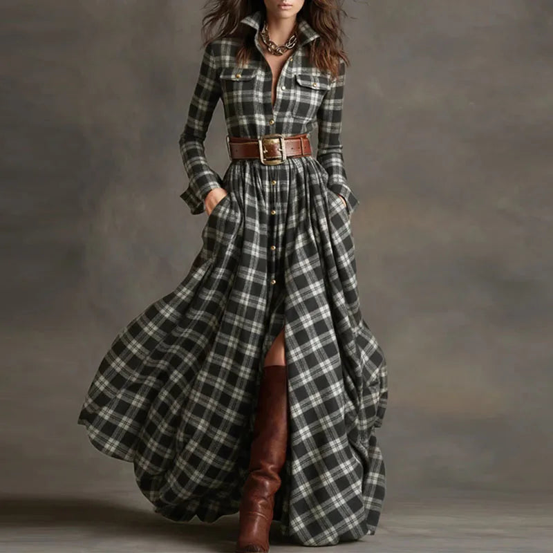 Boho Woman Clothing Elegant Shirt Collar Button Loose Long Dresses Retro New Plaid Print Pocket Swing Autumn Maxi Dress Vestidos