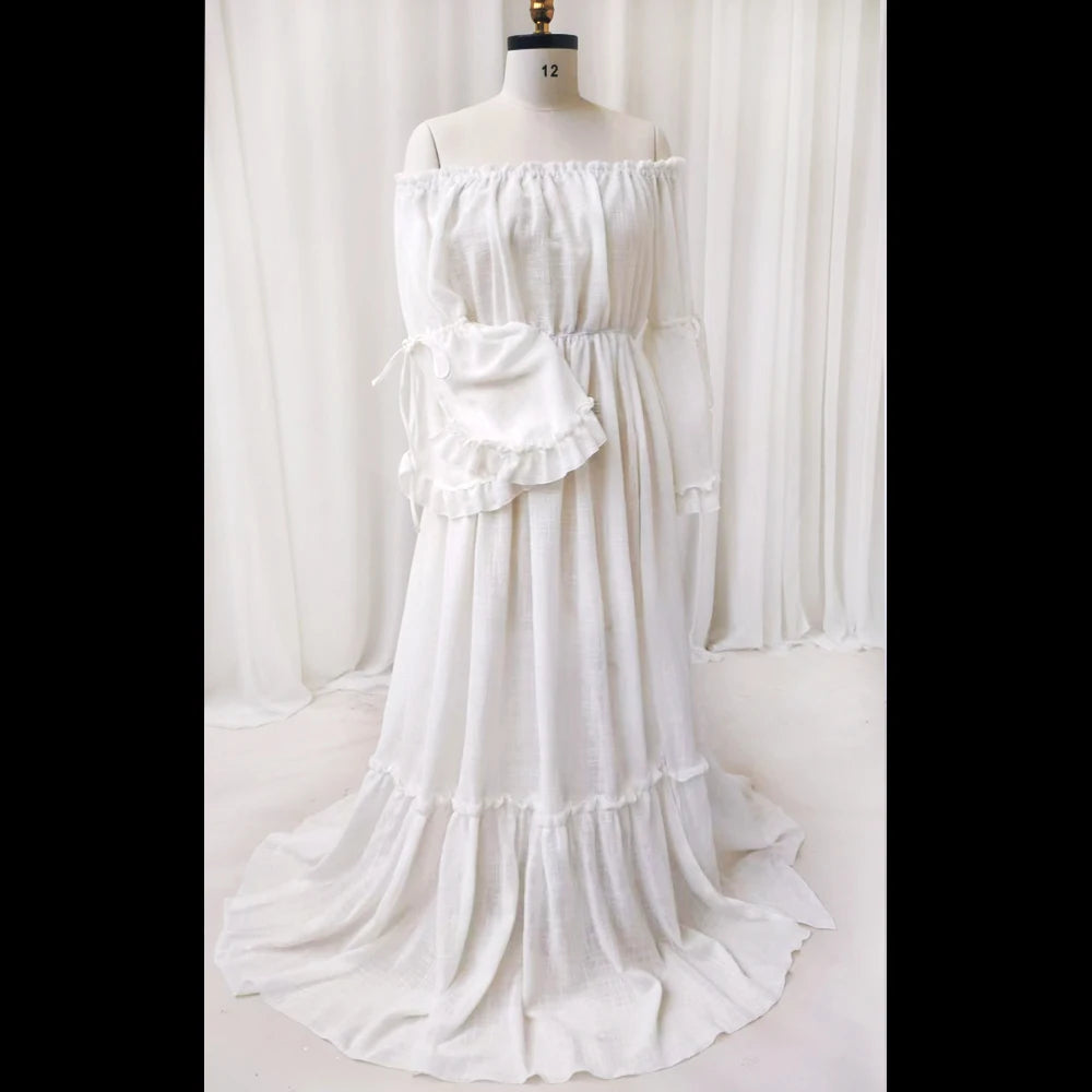 Boho Pregnant Dress Comfortable Linen Cotton One Shoulder Lace Long Sleeved Dress Photography Dress For Women