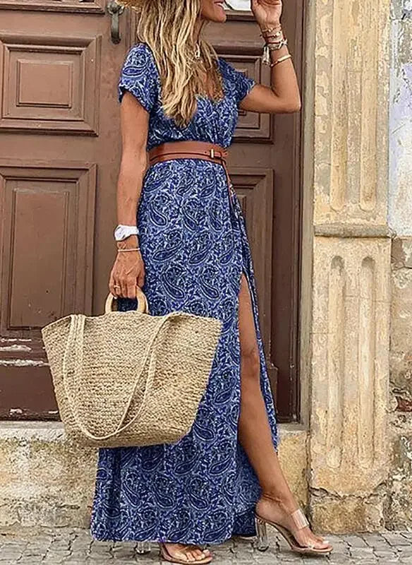 Boho Long Dress For Women Fashion V Neck Short Sleeve Paisley Print Dresses Summer Belt Large Hem Beach Dress Elegant Maxi Dress