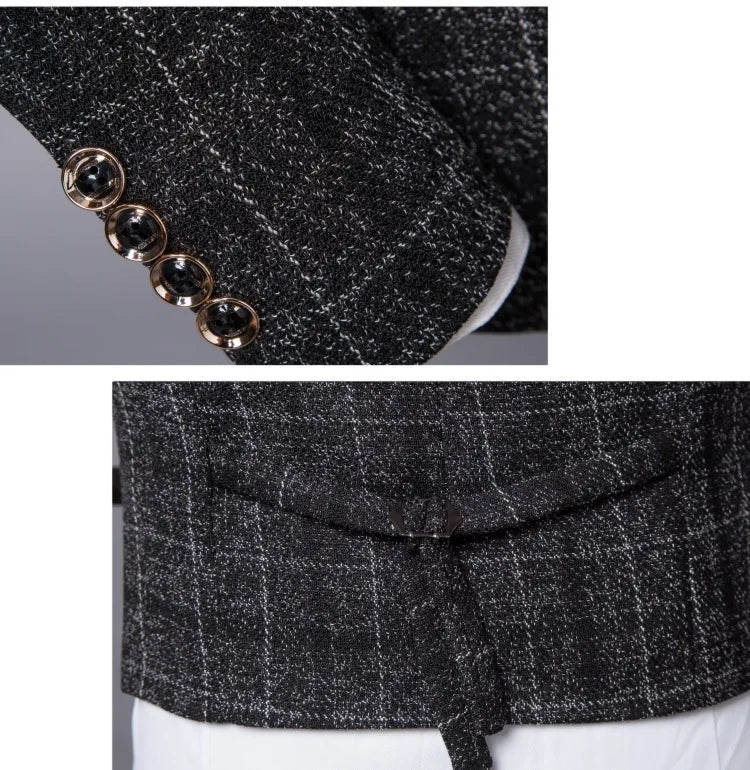 Formal Groom Wear 3 Piece (Blazer+ Vest + Pants) Men's Suit Fashion Business Gentleman Wedding Casual Plaid Cotton Linen Jacket