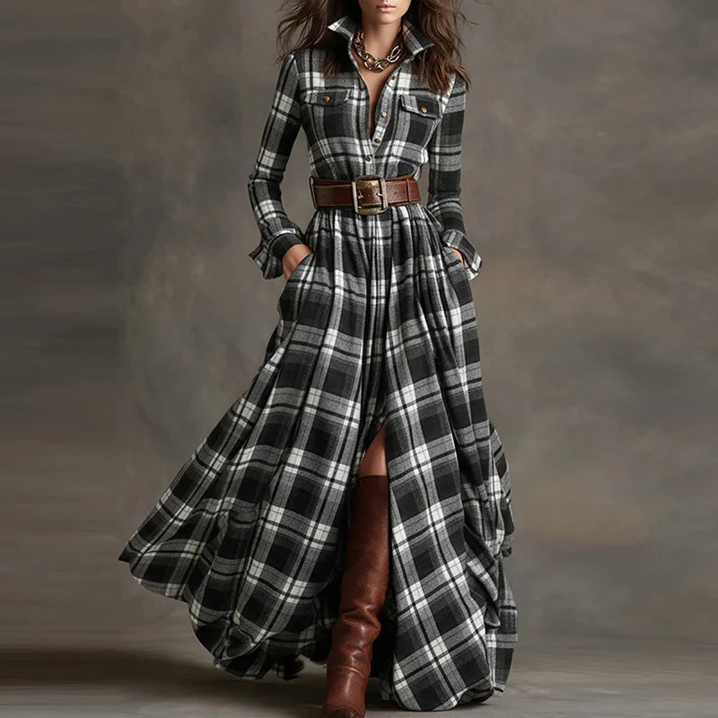 Boho Woman Clothing Elegant Shirt Collar Button Loose Long Dresses Retro New Plaid Print Pocket Swing Autumn Maxi Dress Vestidos