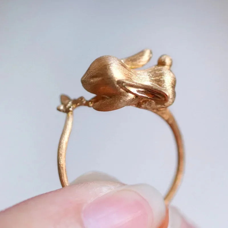 Cute and Exquisite Rabbit Jewelry Sets New in Fun Matte Ancient Gold Craft Earrings for Women Ring Necklace Gifts to Girlfriend