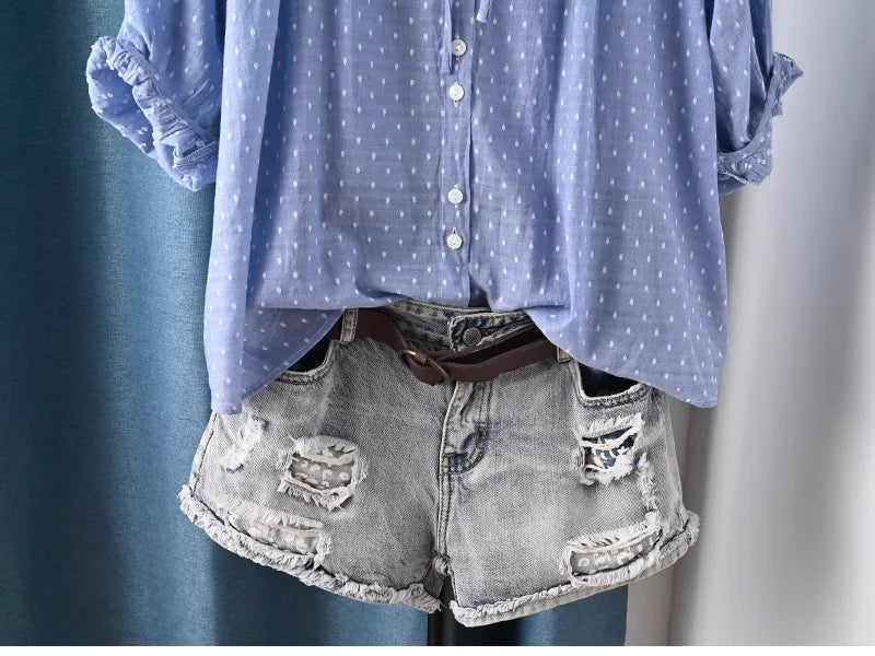 Women's summer blouse 100% cotton yarn blue polka dot print shirts 3/4 sleeves blouses for women boho clothing