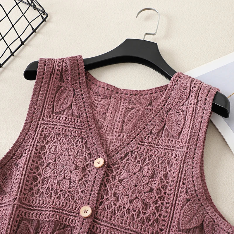 Women's Boho Style Crochet Lace Vest White Beige Green Purple Brown Sleeveless Summer Jackets Coat Hollow Out Knit Cover Ups Top