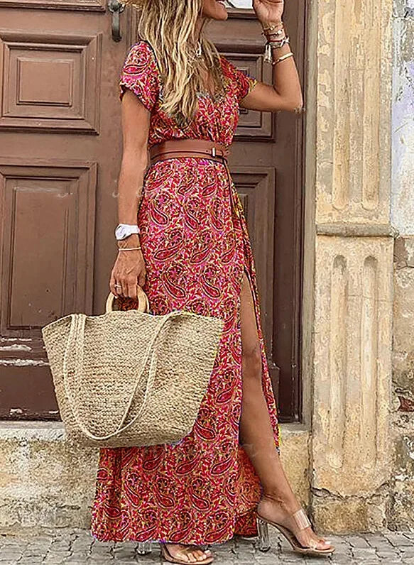Boho Long Dress For Women Fashion V Neck Short Sleeve Paisley Print Dresses Summer Belt Large Hem Beach Dress Elegant Maxi Dress