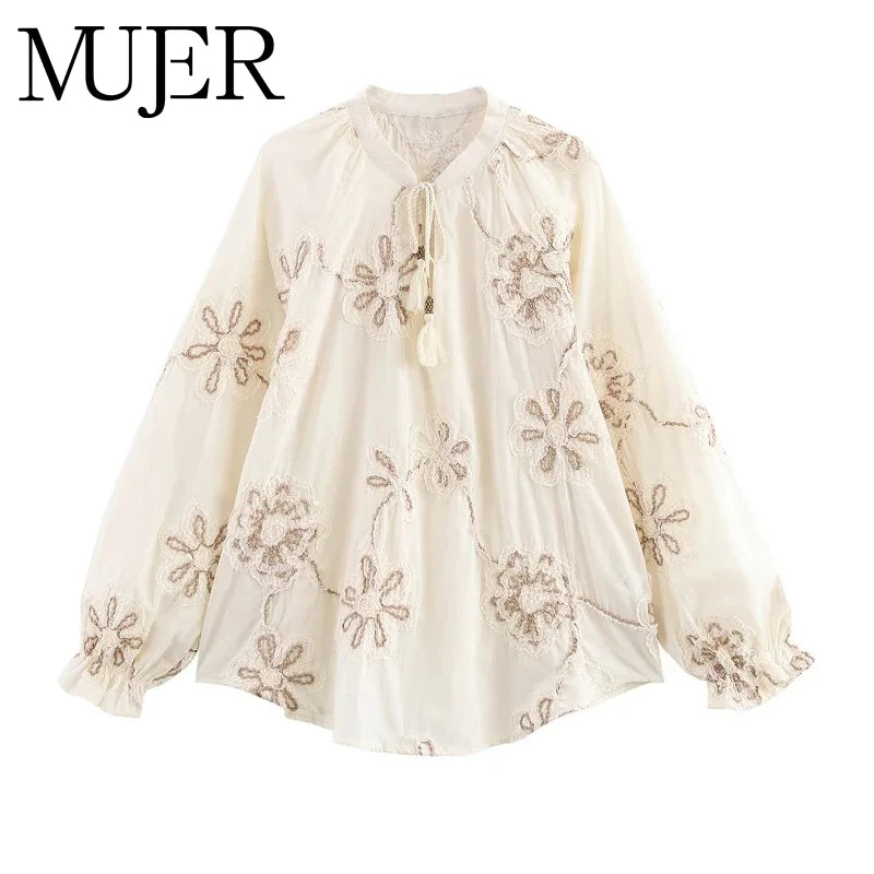 MUJER Flower Embroidered Blouses for Women Tassel Casual Shirts and Blouses Woman Ruched Beach Women's Blouse Summer Boho Tops