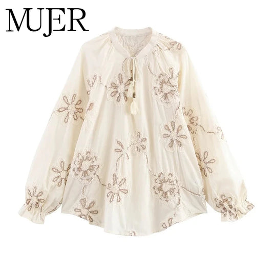 MUJER Flower Embroidered Blouses for Women Tassel Casual Shirts and Blouses Woman Ruched Beach Women's Blouse Summer Boho Tops