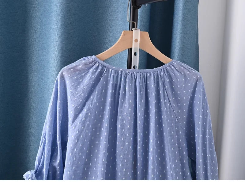 Women's summer blouse 100% cotton yarn blue polka dot print shirts 3/4 sleeves blouses for women boho clothing
