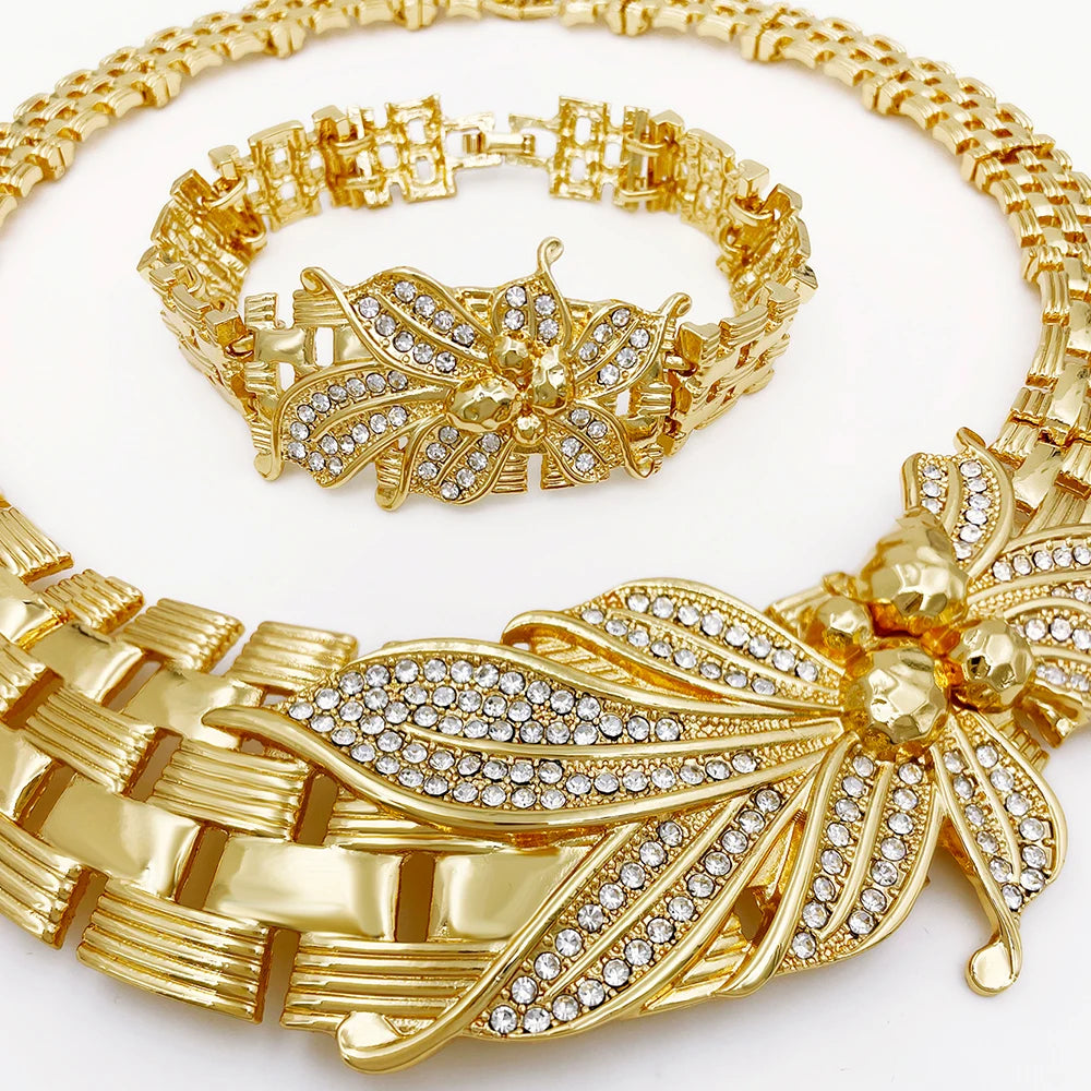 YTJX Wedding Jewelry Set Africal Big Flower Choker Necklace Fine Zircon Bracelet Piercing Earring Ring 18K Gold Plated Jewellery