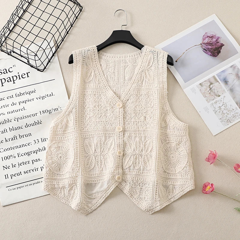 Women's Boho Style Crochet Lace Vest White Beige Green Purple Brown Sleeveless Summer Jackets Coat Hollow Out Knit Cover Ups Top