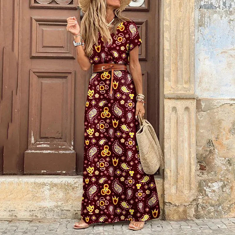 Boho Long Dress For Women Fashion V Neck Short Sleeve Paisley Print Dresses Summer Belt Large Hem Beach Dress Elegant Maxi Dress