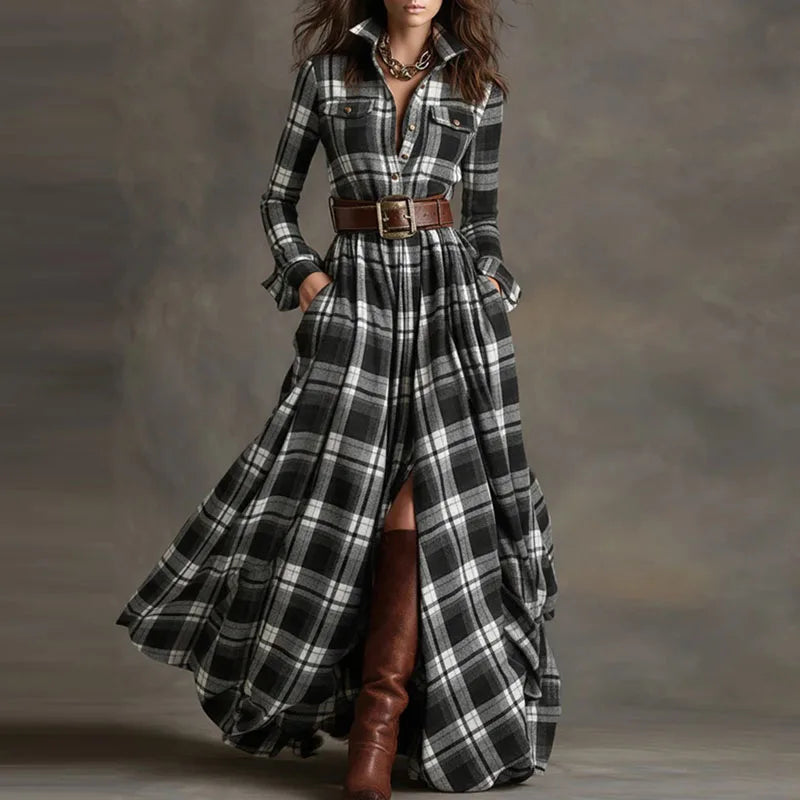 Boho Woman Clothing Elegant Shirt Collar Button Loose Long Dresses Retro New Plaid Print Pocket Swing Autumn Maxi Dress Vestidos