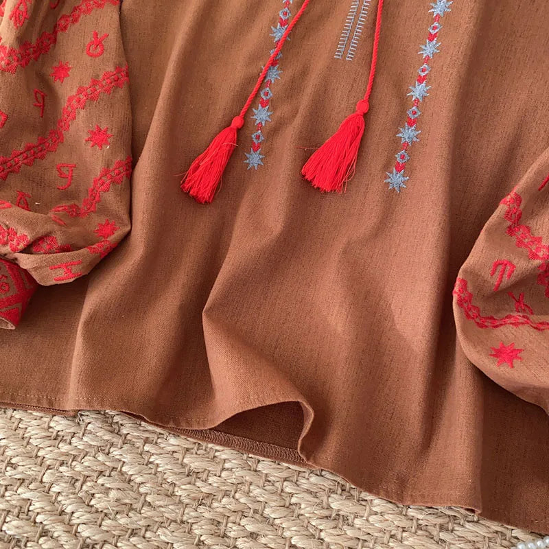 New Women's Bohemia Blouse Embroidered Autumn Spring O-neck Collar Bow Tie Lantern Sleeve Top Blusas Mujer Female Tops BL021