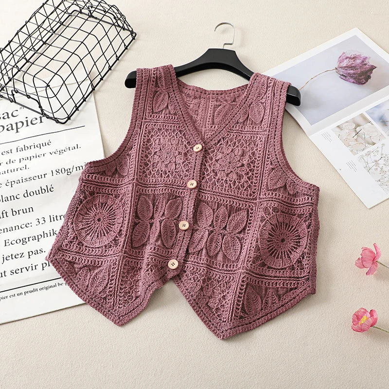 Women's Boho Style Crochet Lace Vest White Beige Green Purple Brown Sleeveless Summer Jackets Coat Hollow Out Knit Cover Ups Top