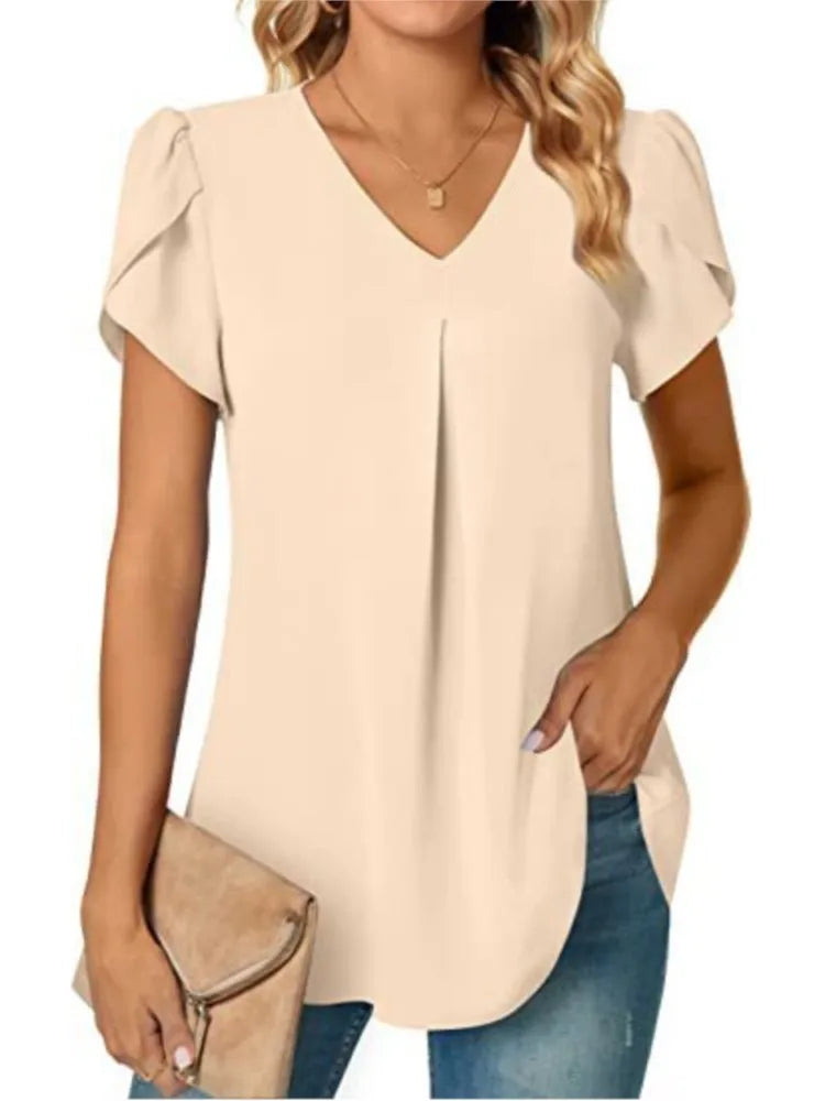 Elegant Women's Top Blouse Flower 2024 Summer Fashion Simplicity Short Sleeve Solid V-Neck Commuter Office Female Shirt S-XXL