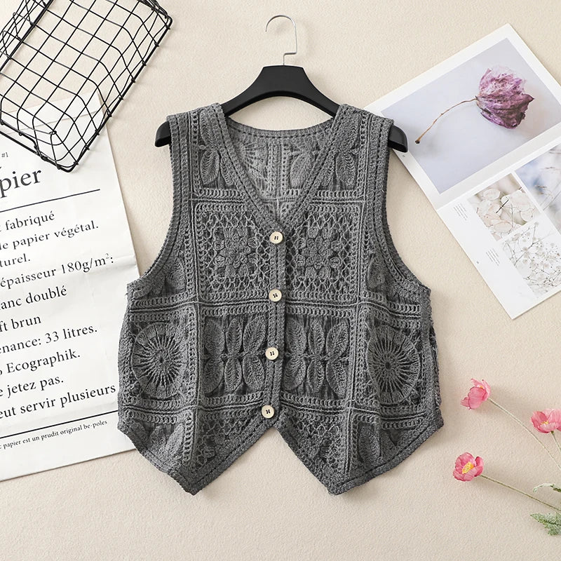 Women's Boho Style Crochet Lace Vest White Beige Green Purple Brown Sleeveless Summer Jackets Coat Hollow Out Knit Cover Ups Top