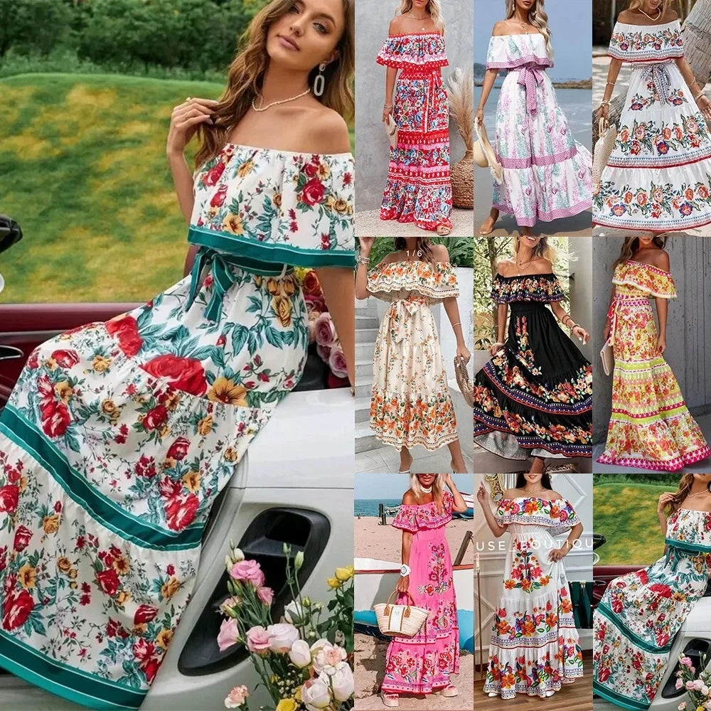 Boho Dress Women's One Shoulder Dress with Sexy and Fashionable Printed Long Style, Large Display, Summer New