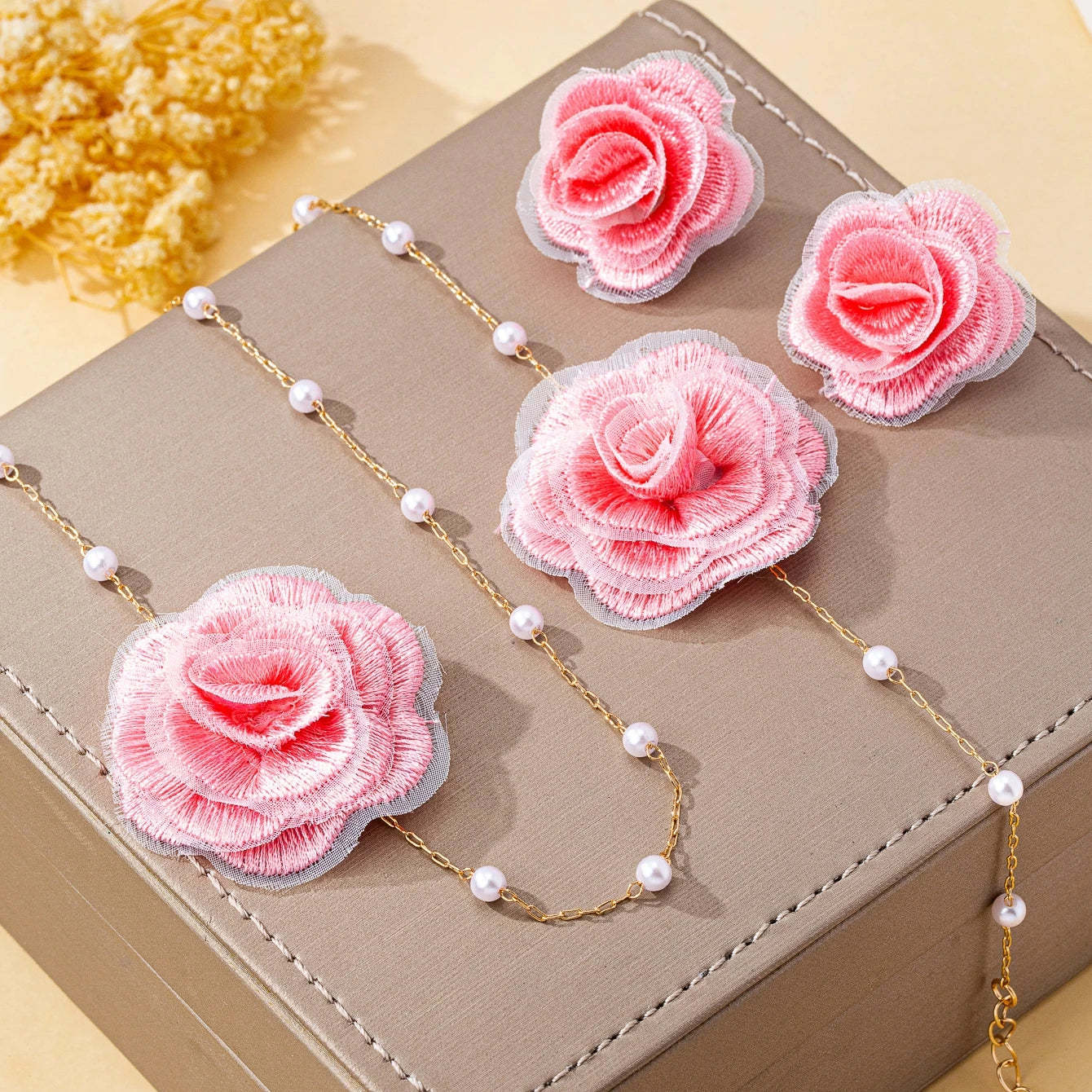 Women Jewelry Set Elegant Fabric Flower Imitation Pearl Necklace Bracelet Stud Earrings Bohemian Jewelry for Daily and Holiday Wear
