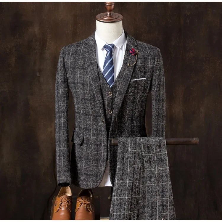 Formal Groom Wear 3 Piece (Blazer+ Vest + Pants) Men's Suit Fashion Business Gentleman Wedding Casual Plaid Cotton Linen Jacket