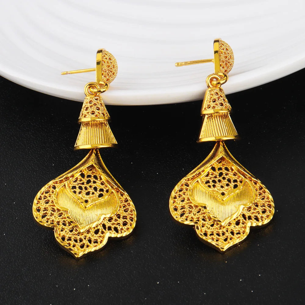 Jewelery Set For Women Dubai 24K Gold Color Jewlery African Designer Wedding Bridal Necklace Earring Ring Gift