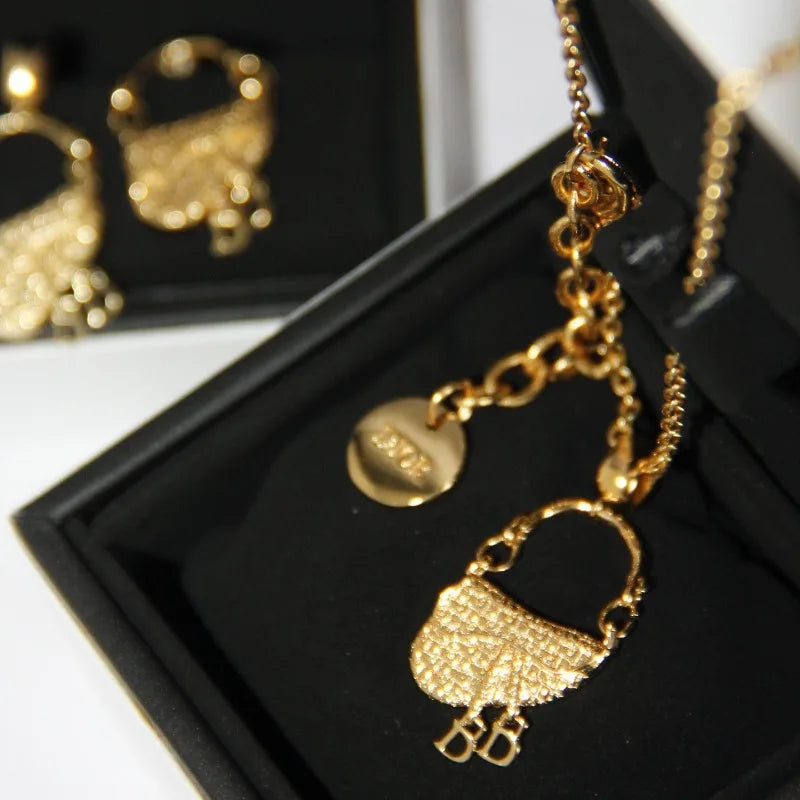 Women's Jewelry, French Luxury Gold-plated, Saddle Bag Pendant Earrings & Necklace, Elegant Versatile, Stylish Hot Sale