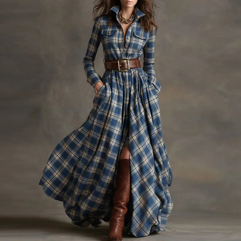 Boho Woman Clothing Elegant Shirt Collar Button Loose Long Dresses Retro New Plaid Print Pocket Swing Autumn Maxi Dress Vestidos