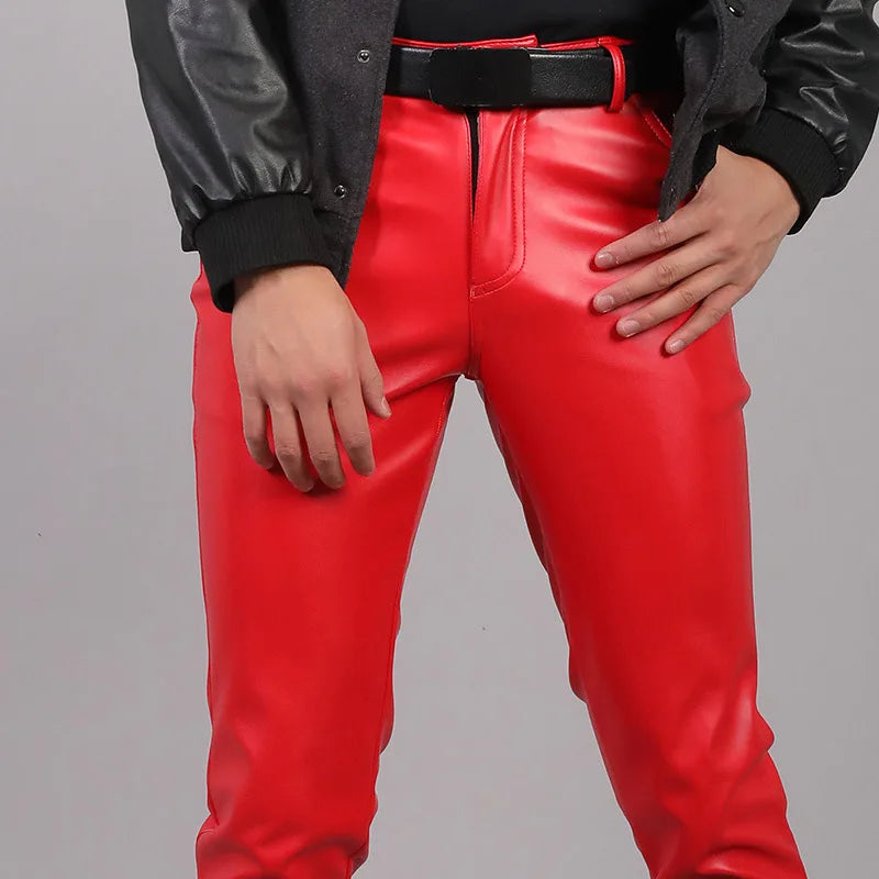 Men's Fashion Rock Style PU Leather Pants Night Club Dance Pants Men's Faux Leather Slim Fit Skinny Motorcycle Trousers