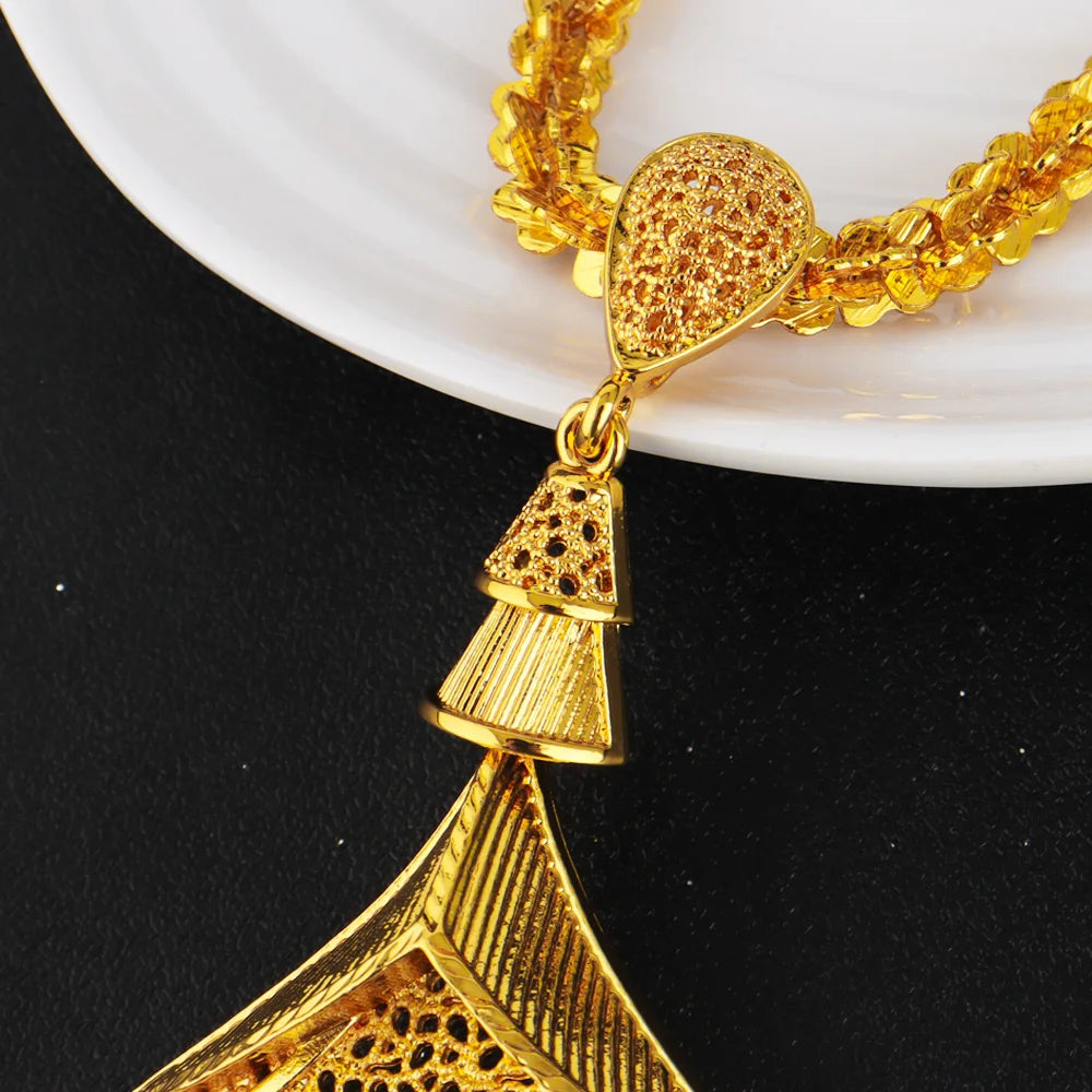 Jewelery Set For Women Dubai 24K Gold Color Jewlery African Designer Wedding Bridal Necklace Earring Ring Gift